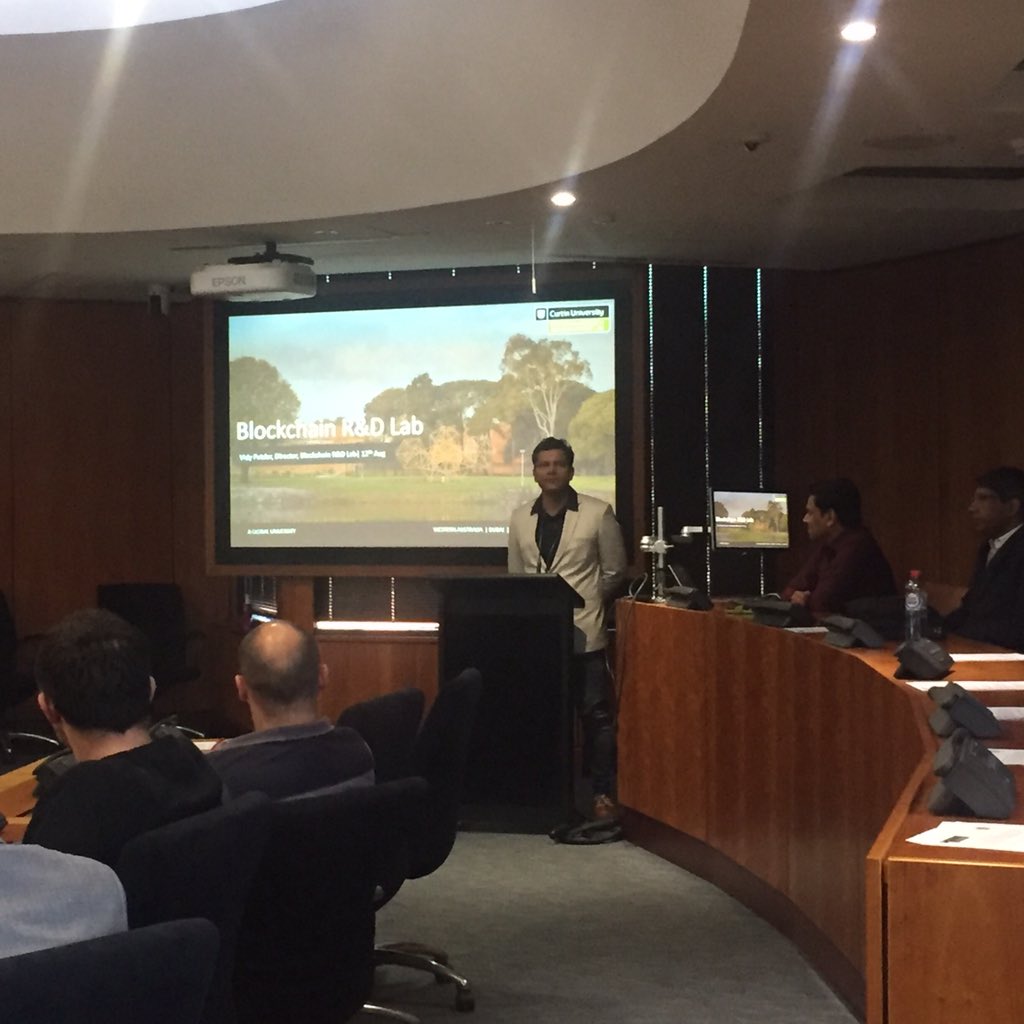 Jo_McEwan_'s tweet photo. @drvidy explaining mission and aims of @CurtinUni’s new Blockchain Research &amp; Development Lab. Potential to contribute to research in no. of areas - e.g., agri-food provenance, healthcare traceability,  digital records audit and compliance: https://t.co/2bn3h2svHh #FBLResearch https://t.co/EsKnyjDZXH