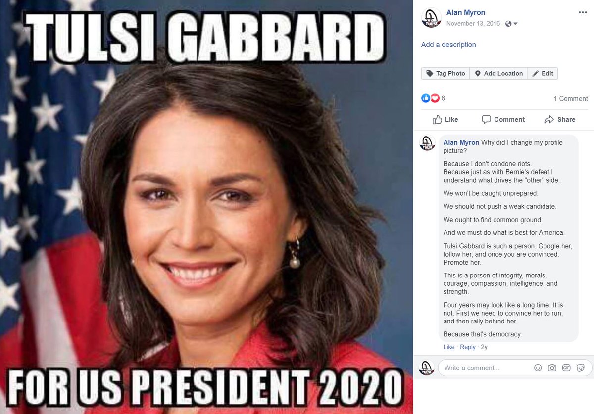 AlanMyron's tweet photo. @HeidiJaster Not a bot, a guy who since November 13th 2016 wanted Tulsi to run for president. #EndWars #Peace #Tulsi2020 #StopTheWars #BringUnity
https://t.co/nklsrMUxSR https://t.co/5QYhAZRFZX