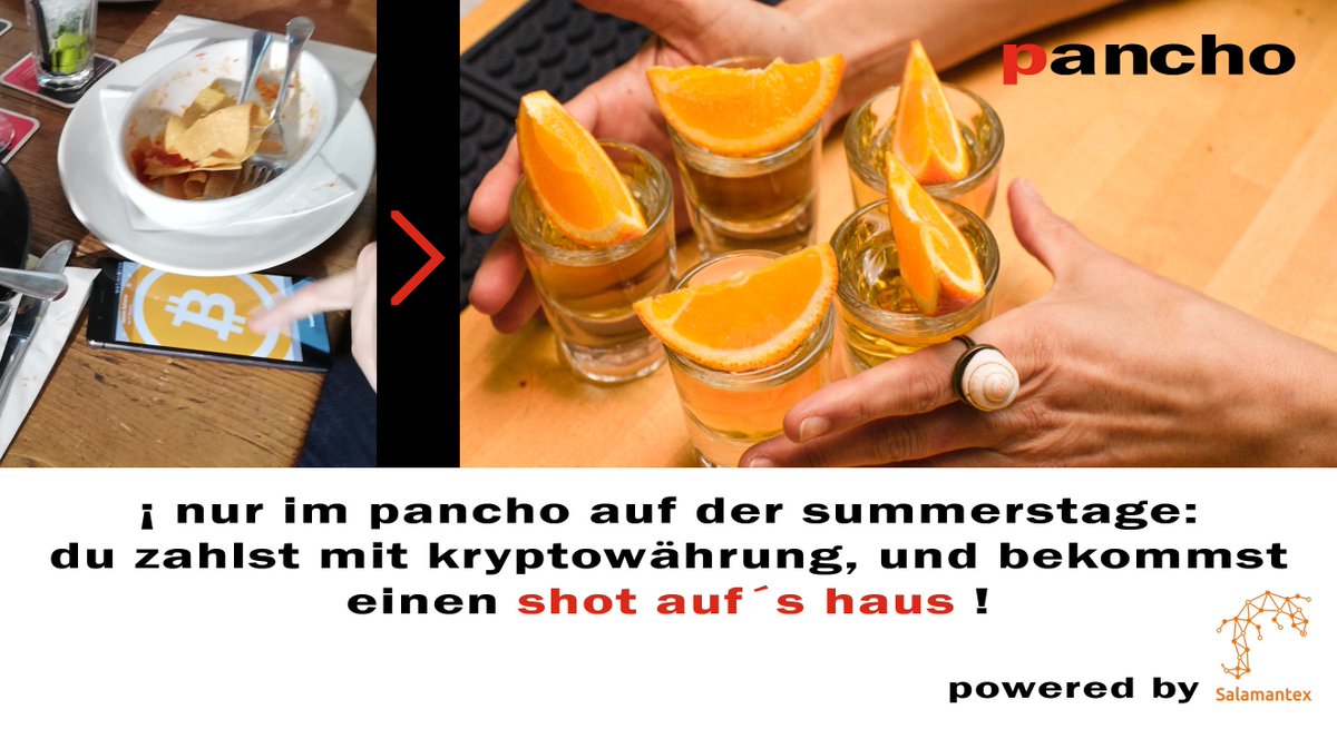 salamantex's tweet photo. #SUMMERPROMOTION โ๏ธ
Get it while it lasts!
Our customer #Pancho #Summerstage in #Vienna ๐ฎ still offers you one free shot ๐ฅค for paying your food and drinks with #cryptocurrency!
#shot #prost #cheers ๐ป
#cryptopaymentswelcome https://t.co/rTbwd7hvHn