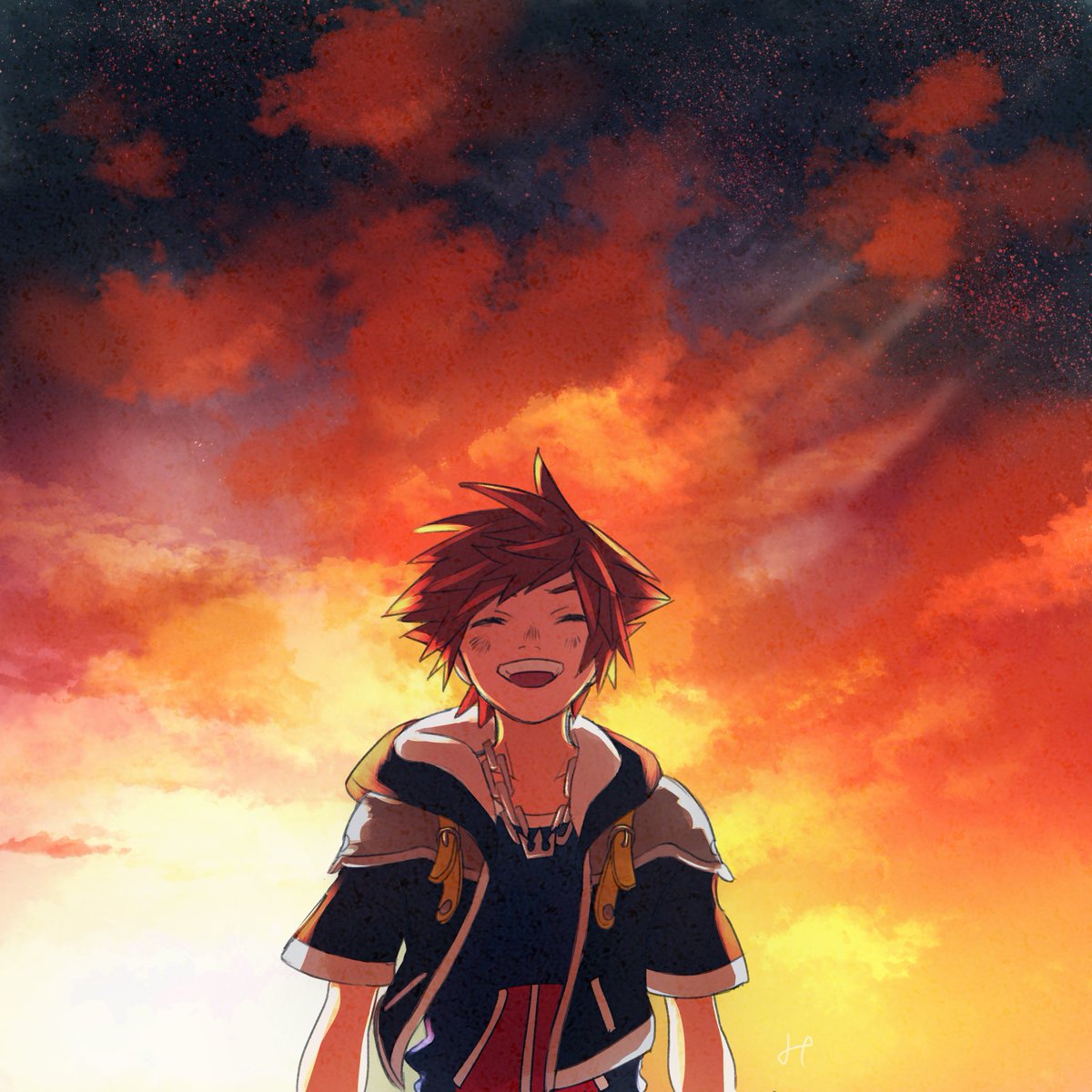 sora (kingdom hearts) 1boy male focus brown hair jewelry necklace solo smile  illustration images