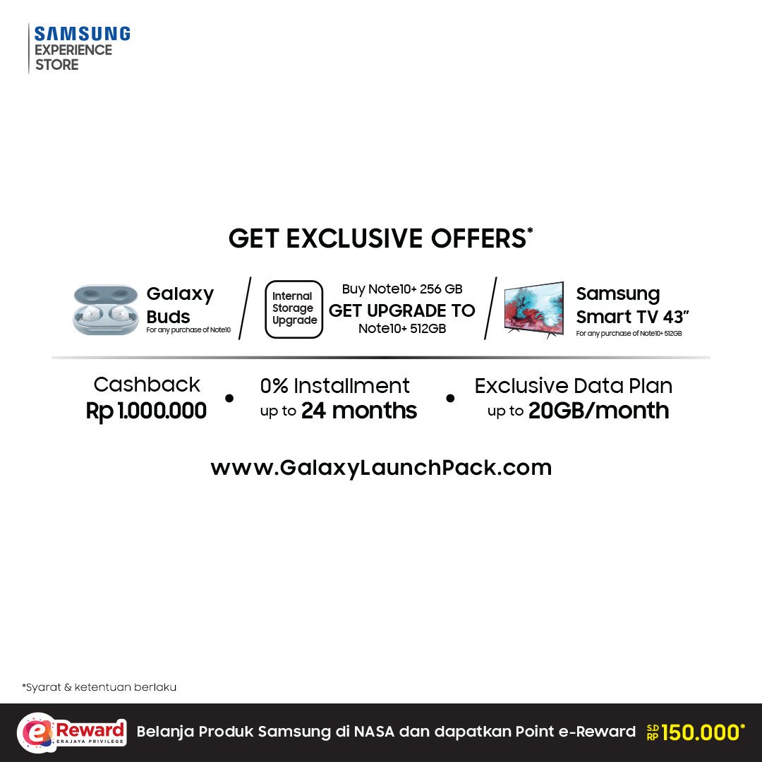 SamsungByNASA's tweet photo. Dapatkan gratis Galaxy Buds, Samsung Smart TV*, exclusive Data Plan hingga 20GB/month, cashback Rp1.000.000 dengan cicilan 0% hingga 24 bulan serta dapatkan point e-reward hingga Rp150.000*! PRE - ORDER sekarang di Samsung Experience Store*!

Info lengkap: https://t.co/qGZMiPReSm https://t.co/89G4YnFJoF