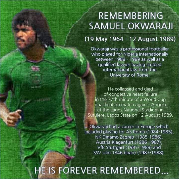 DejiAdesogan's tweet photo. TODAY IN HISTORY 

It's been 30 years since a true Nigerian Patriot and Football Legend passed on while on duty for the country 🇳🇬. Keep resting in peace, Samuel Sochukwuma Okwaraji #WeRememberSam #EidulAdha2019  cc @Gidi_Traffic @Ayourb @Omojuwa @DrJoeAbah @OgbeniDipo https://t.co/R9crZN83tB