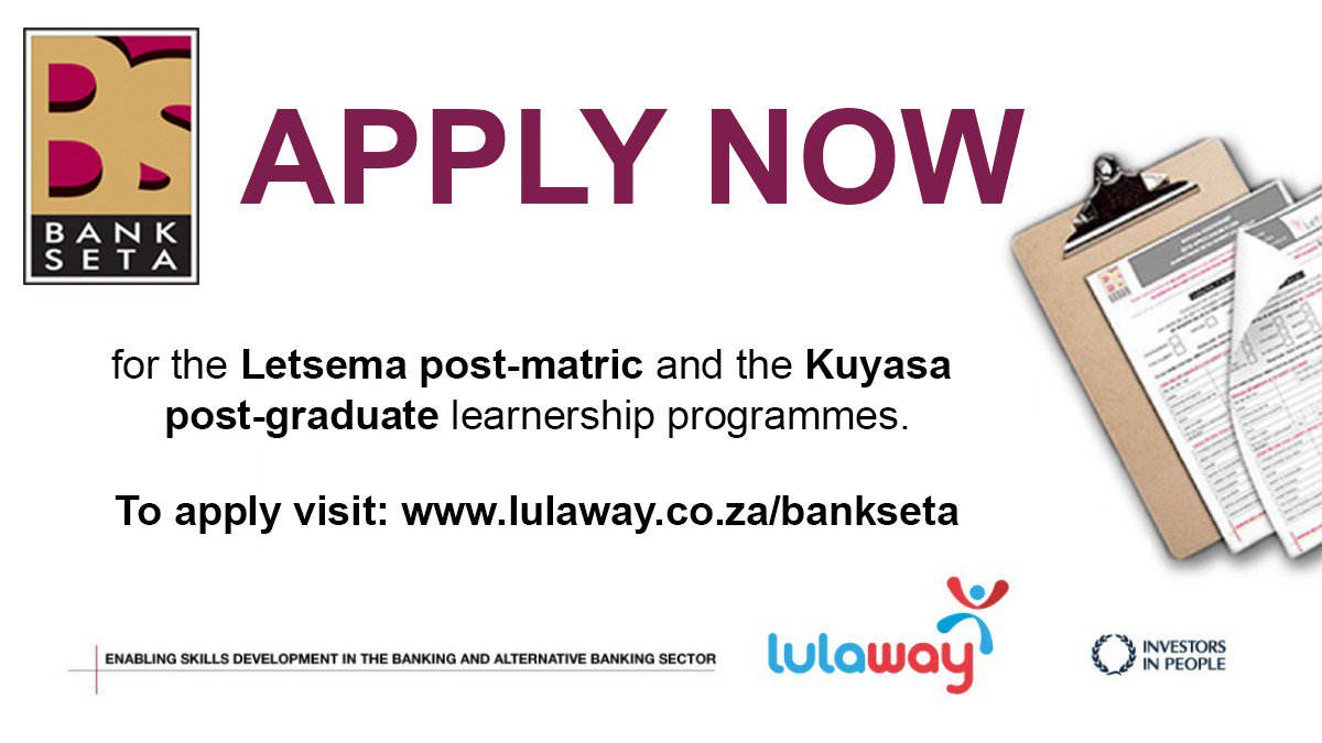 Lulaway's tweet photo. Have you applied for @TheBankSETA learnership? Enter the world of banking. Click here to apply >> https://t.co/afWSnA5AKj

 #bankseta #grads #postgrads #jobcreation https://t.co/2lN8wZ21U9