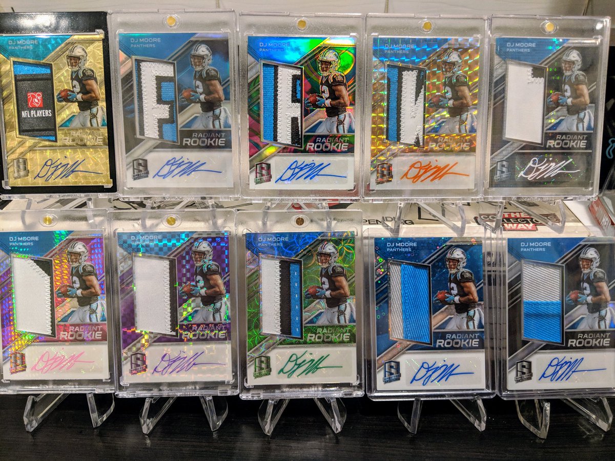sportfanatic813's tweet photo. With this #DJMooreMonday the rainbow is FINALLY complete. 2018 @PaniniAmerica Spectra Radiant Rookie autograph of @idjmoore (1/4) #DailyFanatic #WhoDoYouCollect #TheHobby #KeepPounding @Panthers #CompleteRainbow 🌈  (1/1, 2/2, 1/4, 2/5, 3/10, 3/15, 13/20, 24/35, 37/49, 117/149) https://t.co/4kkpFwaGD2