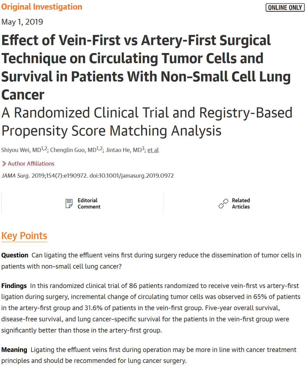 EvanThomas84's tweet photo. Ask your surgeons if they are in "vein-first" resection camp! Patients w/ "vein-first" resection have fewer circulating tumor cells, better DFS, CSS, and OS than "artery-first" counterparts #NSCLC #thoracicsurgery #lcsm #radonc @BrendonStilesMD @Cerf_MD https://t.co/FHR0FfpPDi https://t.co/HwGZC2Obc6