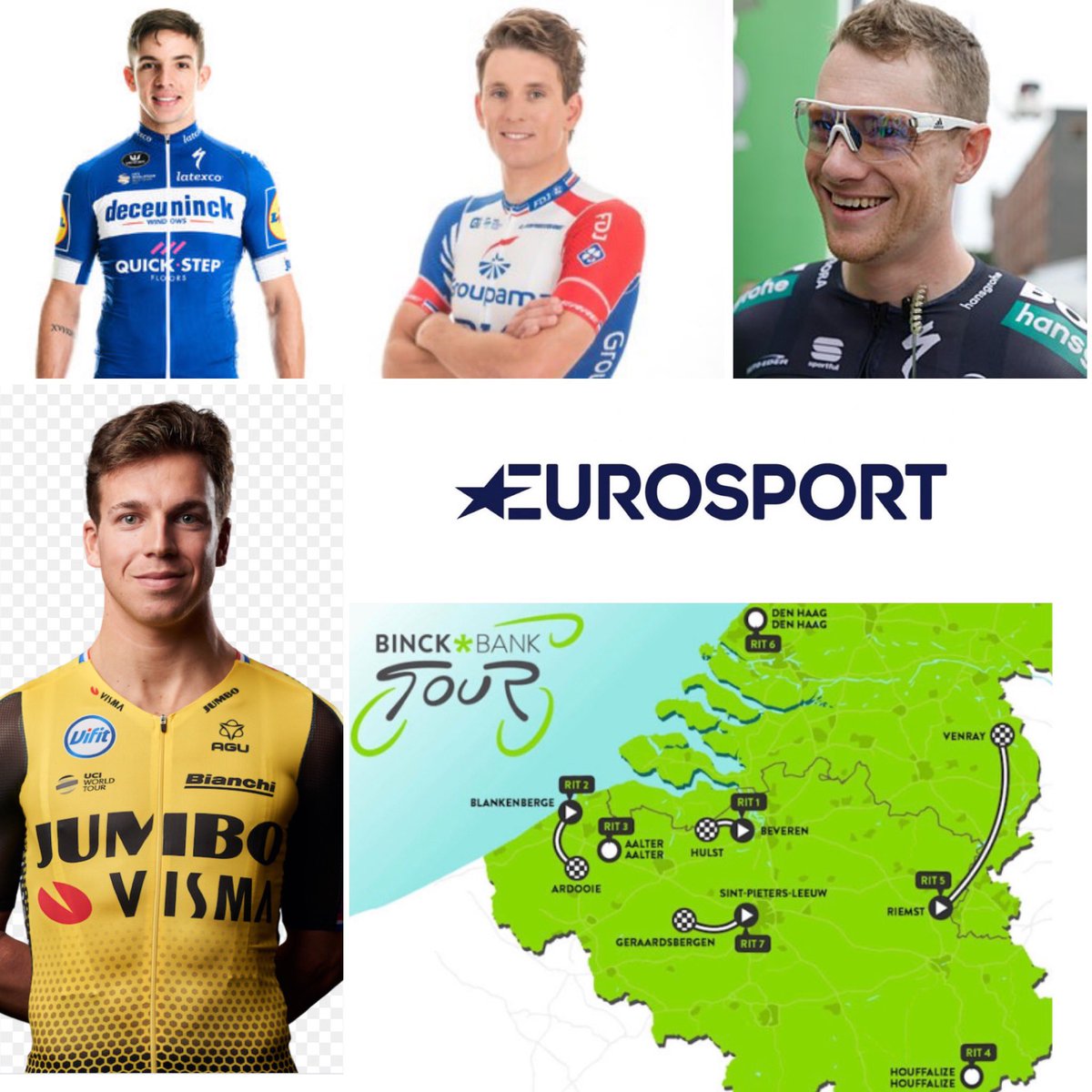 Topsprinters verzameld in de Binck Bank Tour: om 15uur de hele week, iedere dag LIVE op Eurosport 1 en de player, samen met Bobbie Traksel. Vandaag mogen Groenewegen, Bennett, Hodeg, Demare en anderen op weg naar Hulst! #BinckBankTour #cycling