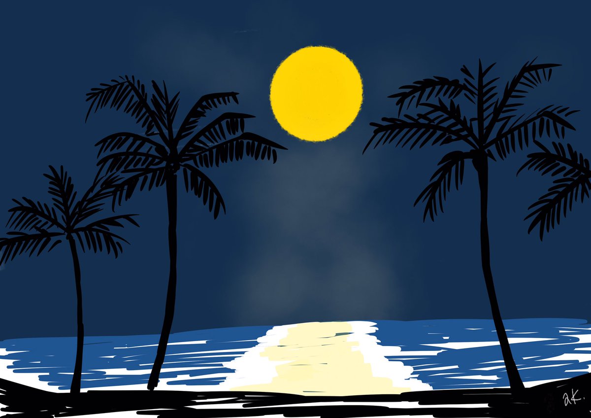 かねあ V Twitter 月の夜は 浜に出て Illustration Illustrator Illust Moonlight Beach Palmtree 月の夜は 浜辺 ヤシの木 イラスト イラストレーター ムーンライト