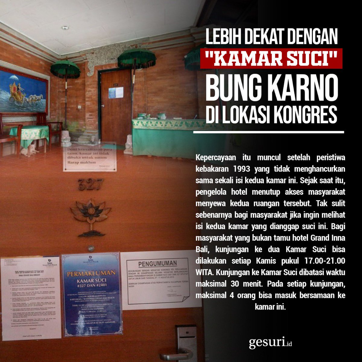 GesuriID's tweet photo. Bukan tanpa alasan predikat Kamar Suci melekat di kamar 327 dan 2401 di Hotel Grand Inna Bali Beach kedua kamar tersebut mempunyai nilai sejarah tersendiri pada tahun 1993 silam.
#TetapMega
#PDIPerjuangan
#KongresVPDIPeejuangan https://t.co/qHKSKmcWZs