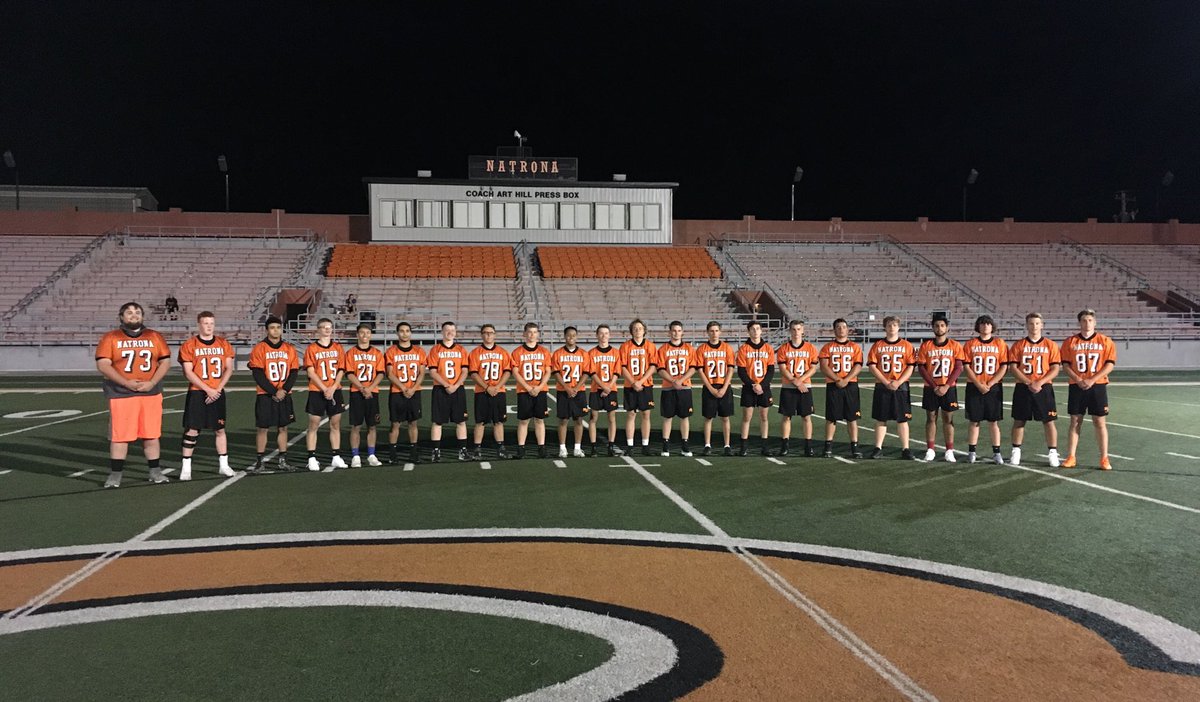 WyoVarsity's tweet photo. Here are the 2019 ⁦@NatronaFootball⁩ seniors. #MidnightMadness #FirstOnLastOff https://t.co/QzyeeqOhxo