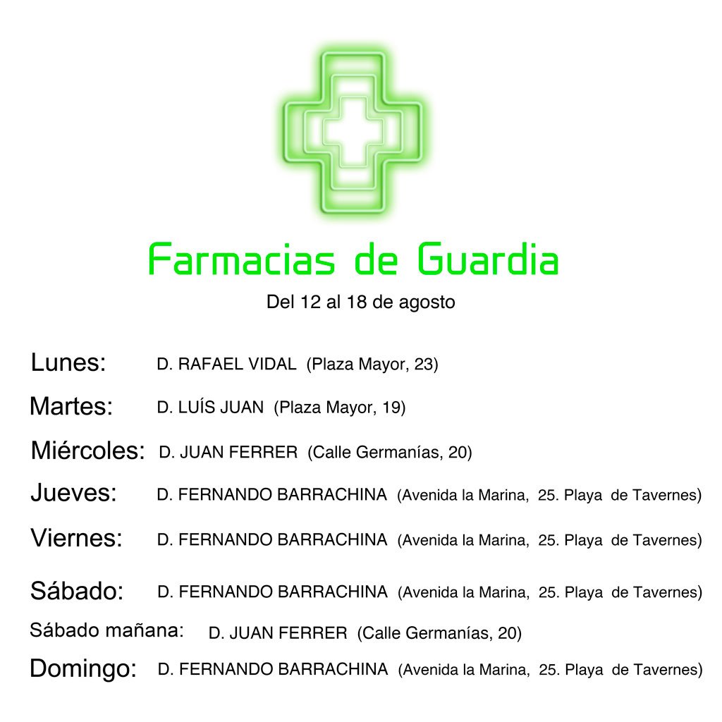 XaviNutricion's tweet photo. GUÀRDIES PER A LA SETMANA DEL 12 AL 18 D'AGOST.
Podeu vore totes les guàrdies a la nostra web:
https://t.co/viSK69c384
#farmaciatavernes #guardiestavernes #farmaciadeguardia #farmaciastavernes #guardiesentavernes #farmaciasdeguardia
#farmaciaescriva #servei #guardies https://t.co/xNGl2OjoFN