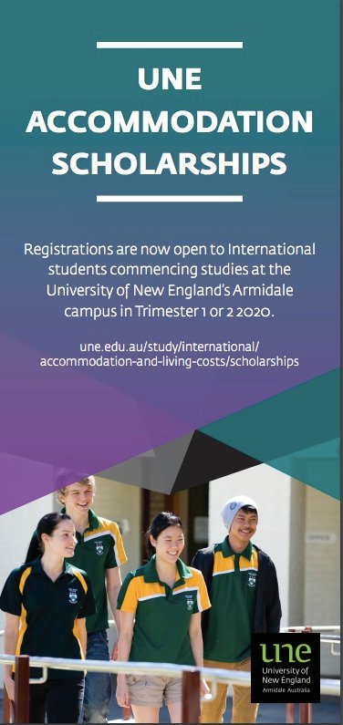 University of New England Accommodation Scholarships:

What is included in the Scholarship Offer?
 • Annual accommodation fees up to $11,000 (the
amount depends on individual colleges and
the value of the scholarship awarded to individual
students)
#scholarshipsinune