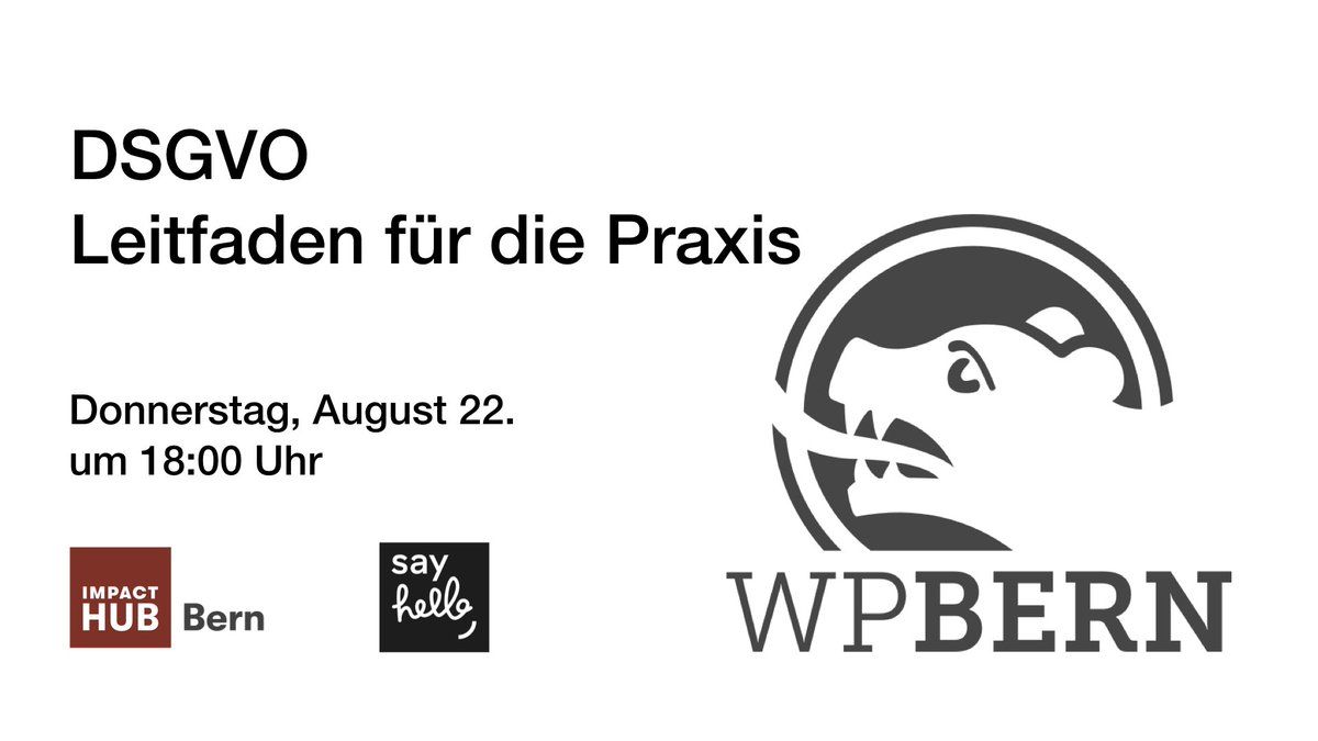 WPBern's tweet photo. Beim nächsten Meetup erzählt uns Monique von 
"DSGVO - Leitfaden für die Praxis"

🗓Donnerstag, 22. August
🕧Beginn 18 Uhr
📍@impacthubbern

https://t.co/WhsdyPGw5a
#WPBern #WordPress #Bern #DSGVO https://t.co/sRFyUZMIWk
