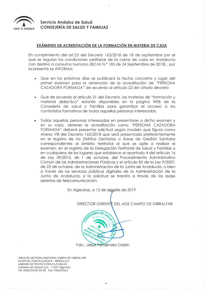 ufgconocimiento's tweet photo. El Área Gestión Sanitaria Campo Gibraltar les informa que se publicará en próximos días la fecha y lugar del Primer Examen para la Acreditación de Persona Cazadora Formada. https://t.co/JDMO29j8jr
