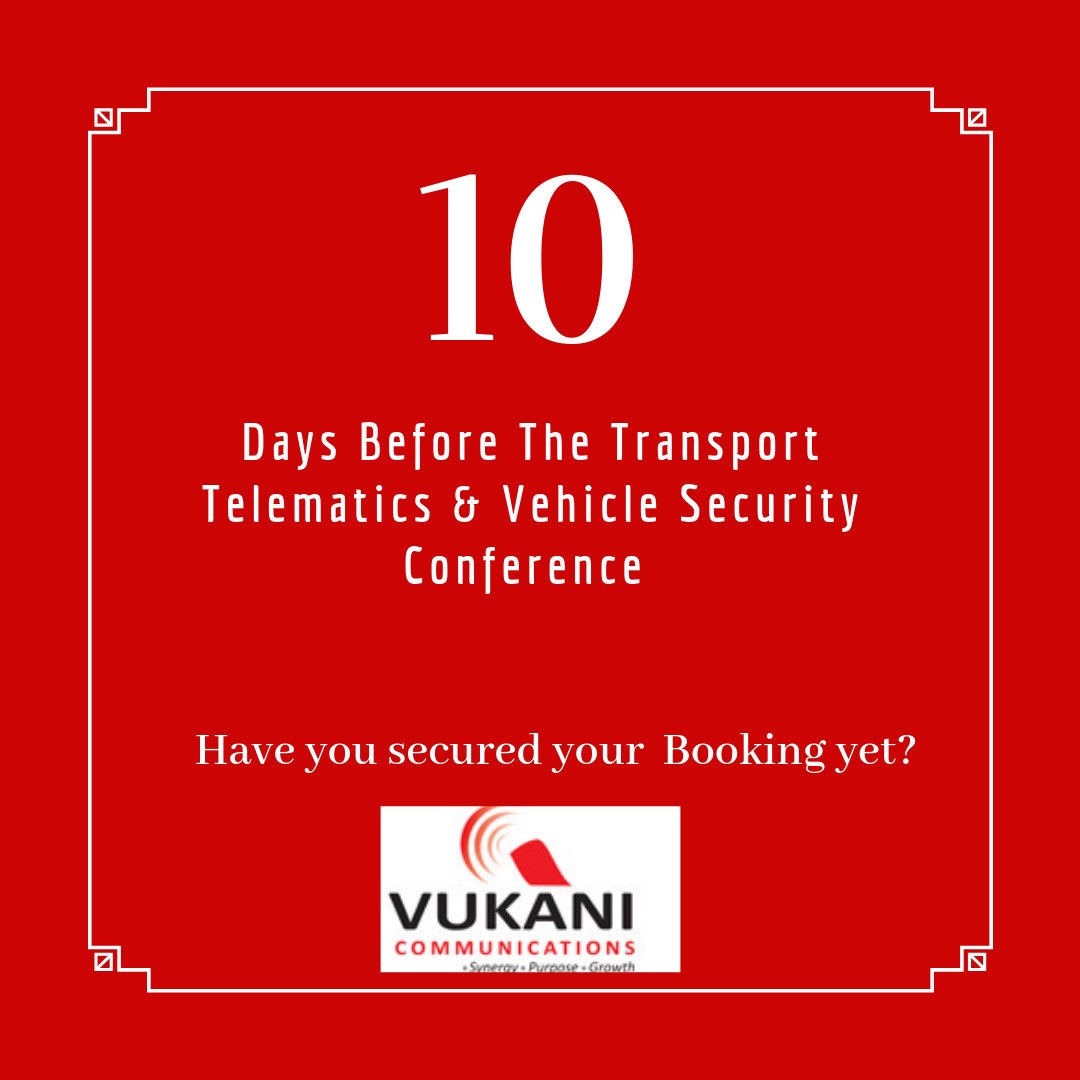 vukanicomms's tweet photo. Only 10 Days left! Lined up is a wide selection of some of the best experts in Transport Telematics &amp; Vehicle Security. #vehiclesecurity #vehicletracking #tracking #fleet #transport @TrafficRTMC @MbalulaFikile @TrafficRTMC https://t.co/PpJ6xNB92v