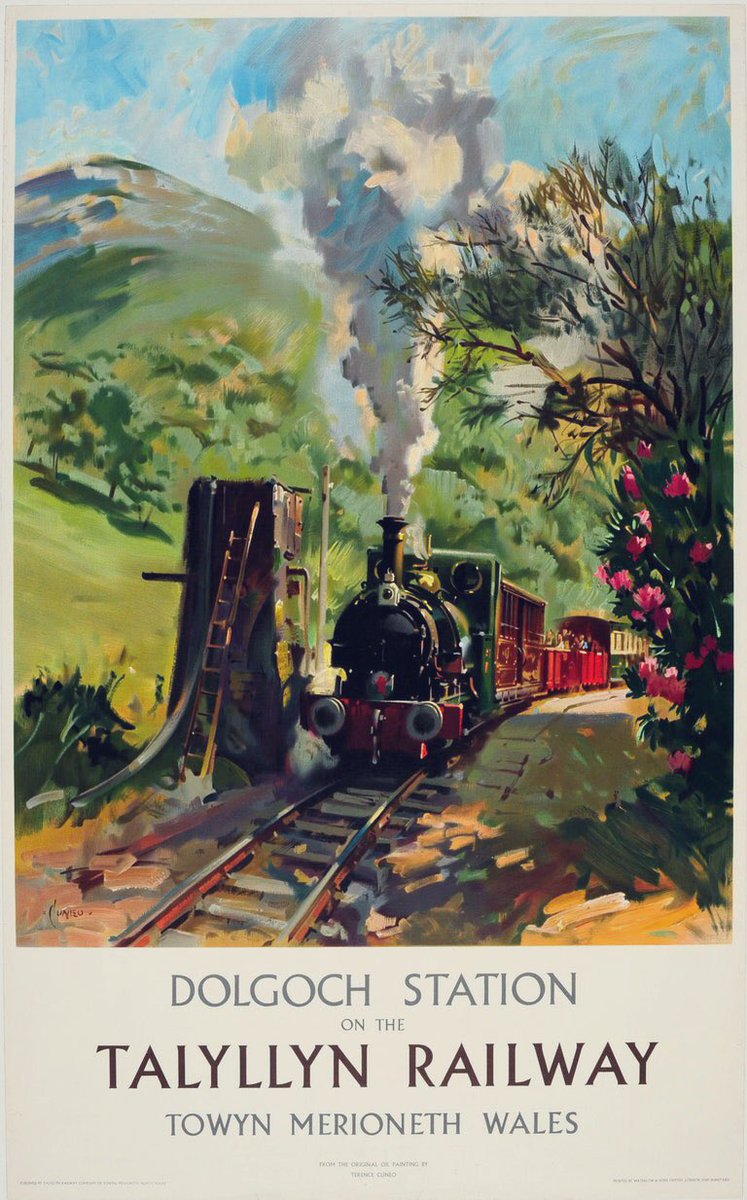 MrTimDunn's tweet photo. Today’s vintage railway poster:
Terence Cuneo’s 1960s painting of TR №1 at Dolgoch at @TalyllynRailway
I’ve chosen it as today’s poster ‘cos, as a leaving gift from my smashing weekend there, lovely Kes at the railway gave me two copies of it... printed on socks!🥰 #museumsocks https://t.co/AGks3dxq7w