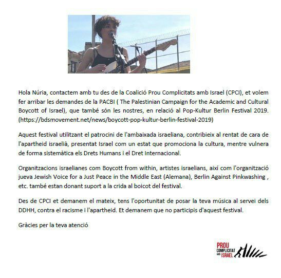 Carta oberta a <a href="/nuriagraham/">Núria Graham</a> des de la Coalició Prou Complicitats amb Isarel, Núria fem nostra la demanda del poble palestí, No pots callar davant l'apartheid. #BDSésDDHH bdsmovement.net/news/boycott-p…