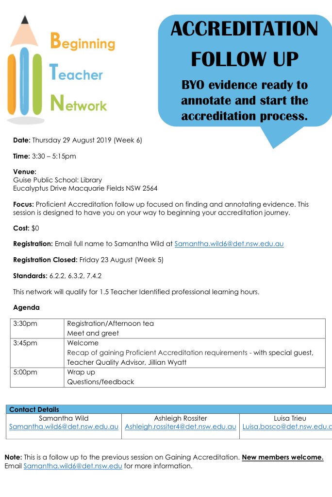 We are excited to announce our Term 3 Beginning Teacher Network meeting for Thursday 29 August. You asked for it, so we are delivering another meeting on gaining Accreditation. Details attached for more information. RSVP to email below. <a href="/GuisePublic/">Guise Public School</a> <a href="/m_predl/">Megan Predl</a> @AshRossiter1
