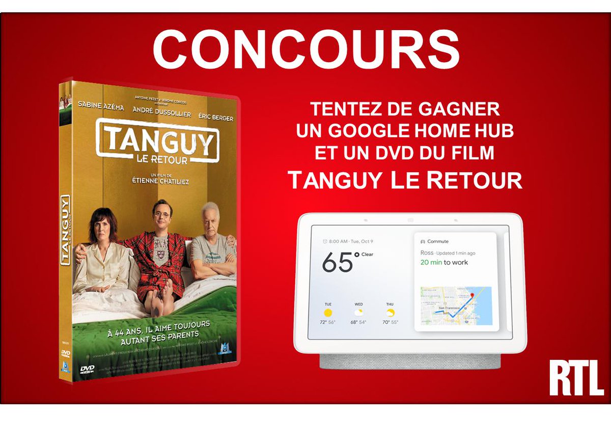 RTLFrance's tweet photo. A l'occasion de la sortie en DVD de Tanguy, le retour🛋️👨‍👩‍👧, participez à notre concours pour tenter de remporter un Google Home Hub et un DVD du film ! 
Pour participer : RT + FOLLOW 
Bonne chance à tous ! https://t.co/fihM4MHnLi