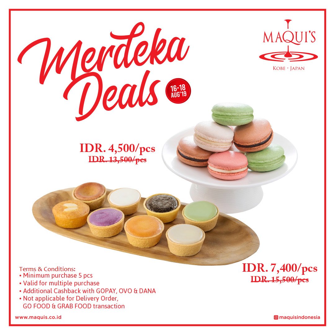 PlazaSenayan's tweet photo. Merdeka Deals!
Get special price for macaroon only IDR 4.500/pcs & minicake IDR 7.400/pcs at Maqui's Plaza Senayan Level 3 & The FoodHall Basement Level.
T&C Apply.
#Maquis #Maquisindonesia #PromoAugust #MerdekaDeals #Maquis #PlazaSenayan #PlazaSenayan #WhatsOnPlazaSenayan https://t.co/uI5Jy6UdrC