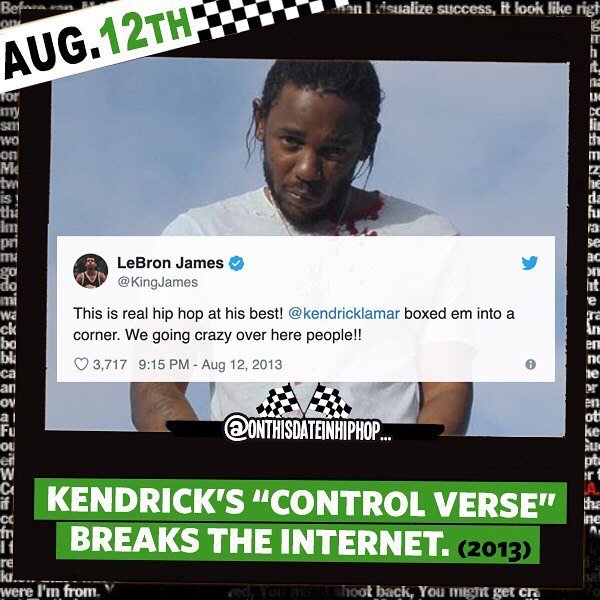 bleepthabastard's tweet photo. #OnThisDateInHipHop, the #ControlVerse was born - much to @kingjames’ enjoyment... lmOTDIHHao
--
It was on this date that @FunkFlex debuted #BigSean's #Control on #Hot97 and nothing was the same after #KendrickLamar's verse. In the verse #KDot challenged… https://t.co/wZS8x8bsPR https://t.co/ywc3BKzAAz