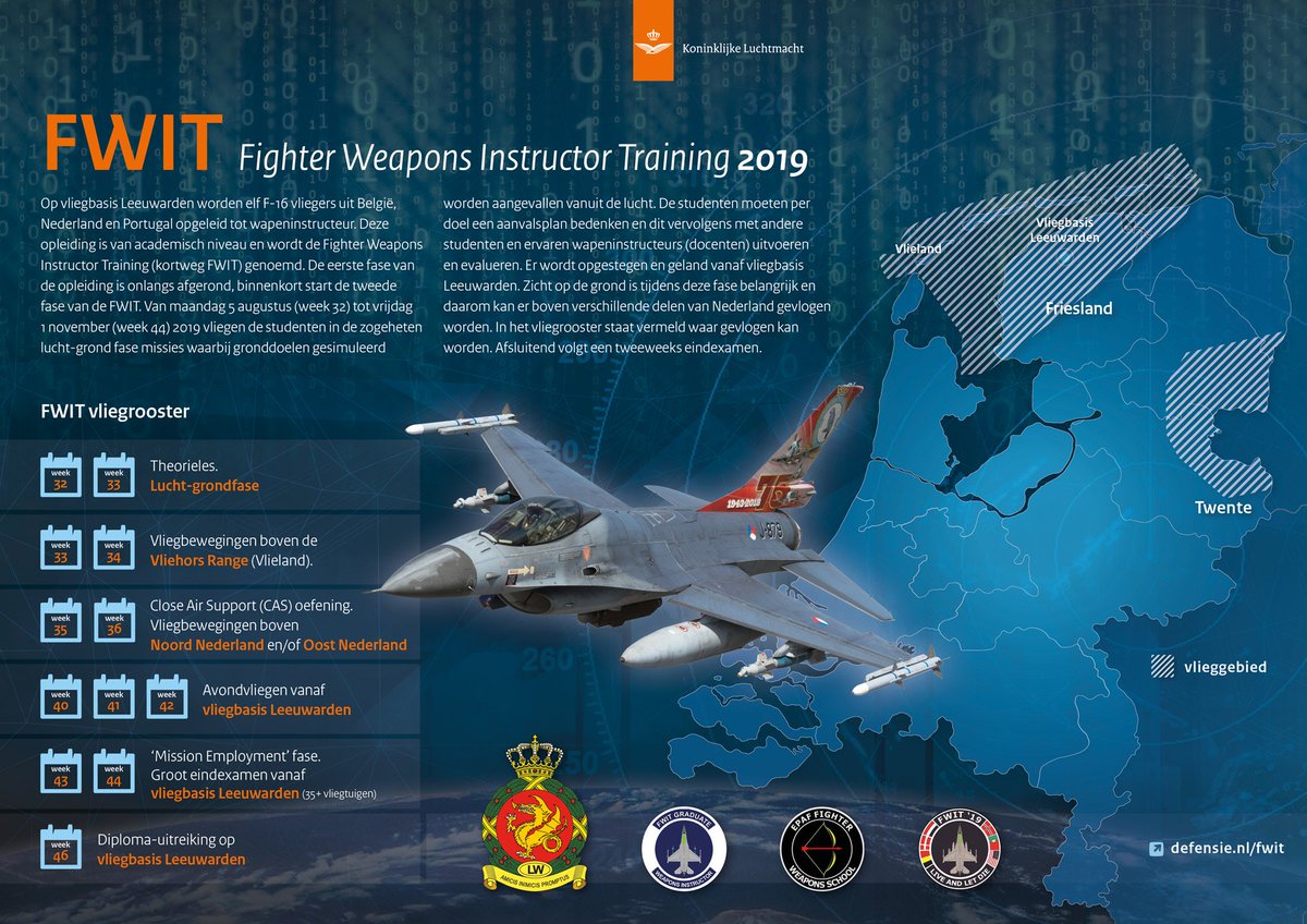 VlbLeeuwarden's tweet image. De wapeninstructeursopleiding (FWIT) vanaf  @vlbleeuwarden  is vandaag weer van start gegaan. In deze fase beoefenen de studenten voornamelijk het geven van luchtsteun aan grondtroepen, daarom zal er veelal boven land geoefend worden. Zie ook de infographic #FWIT2019