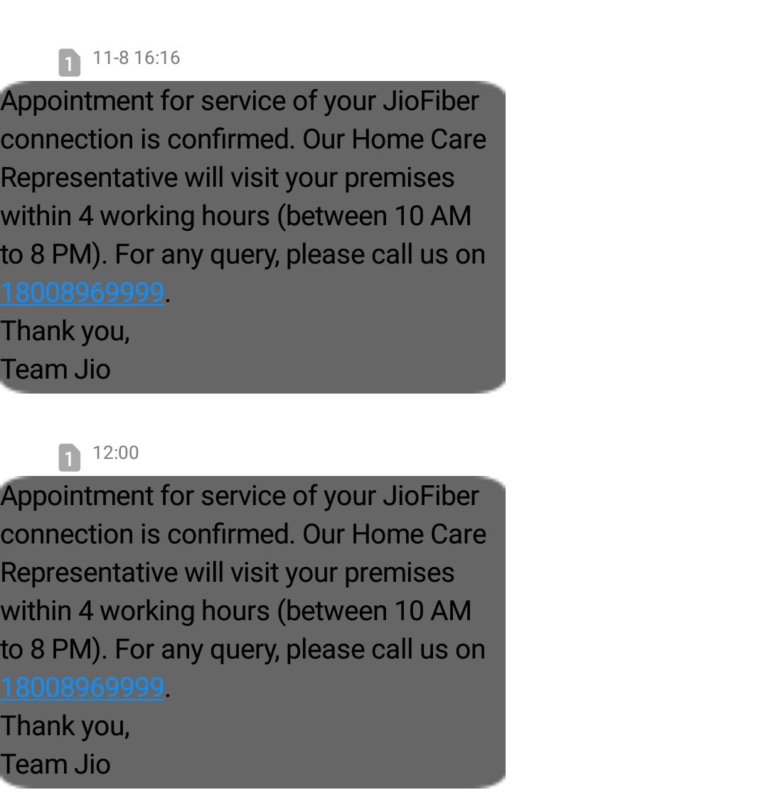 jainaman_4ever's tweet photo. @JioCare See it...again a list of fake promises and lies... This is the utmost priority that a complaint logged on 10th aug hasn't been addressed yet....only getting false msg that a engineer would visit but no one has acknowledged it in past 2 days!! #PatheticJio #JioGigafiber #JioFiber https://t.co/YPddE5nN48