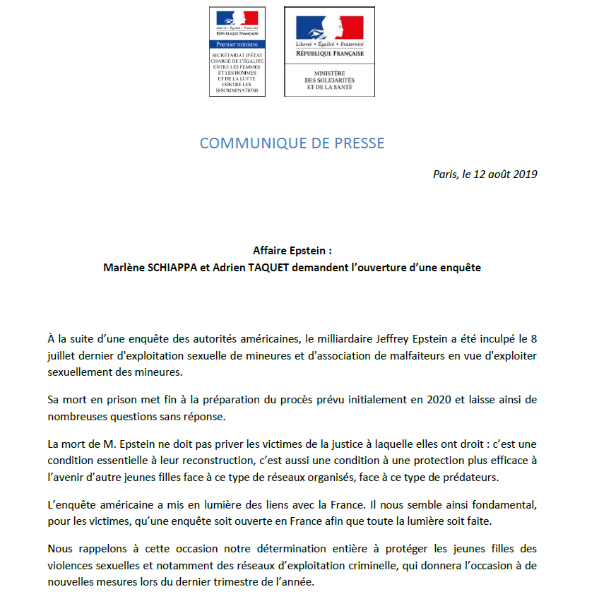 egalite_gouv's tweet photo. [📰Communiqué de presse] Affaire du réseau de viols sur mineures #Epstein : les secrétaires d'État @MarleneSchiappa et @AdrienTaquet demandent l'ouverture d'une enquête en France.

En savoir + : https://t.co/b7uMzjbRgX https://t.co/5KZXqSIddM