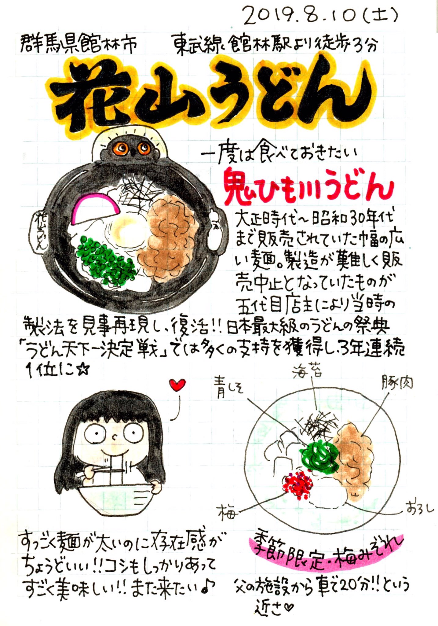 ピチコ舎 8月10日は大草原の小さな家ネタだけじゃなかった と思い出した 花山うどん 群馬県館林市 館林市 館林 日本一暑い館林 37度 だったよ 鬼ひも川 鬼ひも川うどん ランチ うどん 絵日記 お絵描き イラスト 手書き 手書きツィート