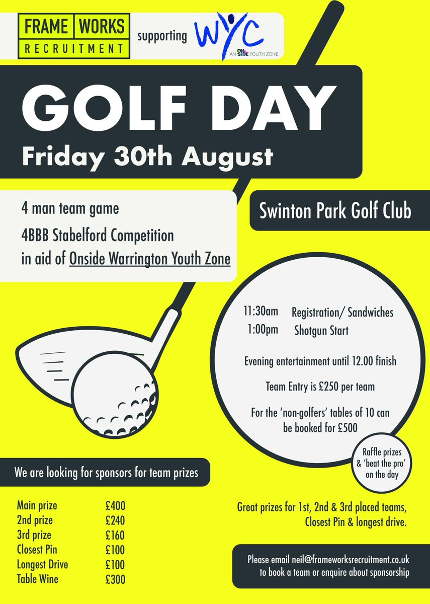 Frameworks Recruitment (@frameworksr) on Twitter photo We are holding a Golf Day in aid of the Warrington Youth Club: <a href="/WYC_official/">Warrington Youth Club - an OnSide Youth Zone</a>. To find out more and get a team entered to support this great charity, please contact the team.
Email us: neil@frameworksrecruitment.co.uk
Call us: 0161 241 6141
#golf #charityevents #Construction We are holding a Golf Day in aid of the Warrington Youth Club: <a href="/WYC_official/">Warrington Youth Club - an OnSide Youth Zone</a>. To find out more and get a team entered to support this great charity, please contact the team.
Email us: neil@frameworksrecruitment.co.uk
Call us: 0161 241 6141
#golf #charityevents #Construction