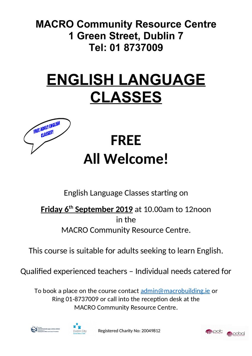 MacroCommunity's tweet image. ❗️FREE❗️ English classes start on Friday 6th of September! All levels catered to. #freeenglishclasses #freedublin