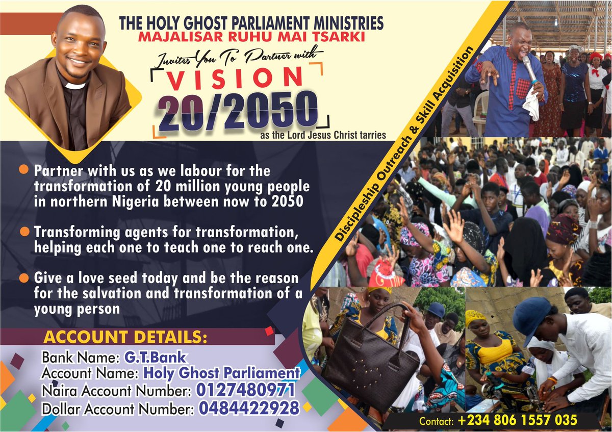 ApostleDaniel01's tweet photo. HAVE YOU BEEN BLESSED BY GOD WITH A HEART FOR YOUNG PEOPLE? I NEED YOU TO PARTNER WITH US FOR A HARVEST OF THAT FIELD BEGINNING FROM THE NORTH EAST OF NIGERIA. GOD BLESS AND KEEP YOU!!! https://t.co/g2s2SR6Wmi // +2348061557035 https://t.co/XhRtxICHQp