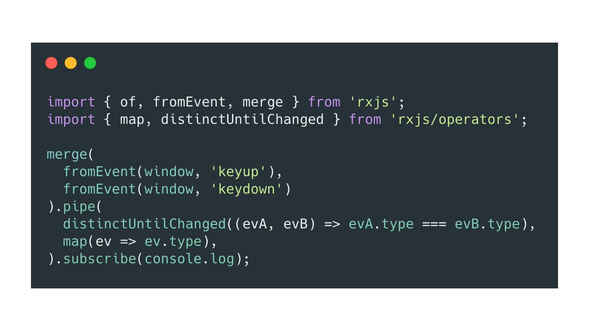 #RxExampleOfTheDay The browser replays 'keydown' events for as long as the user keeps pressing the button. 

This is a stream that emits 'keydown' or 'keyup' whenever the user presses/releases a button. Without having duplicate events 🥳

<a href="/stackblitz/">StackBlitz</a>: stackblitz.com/edit/rxjs-ro5b…