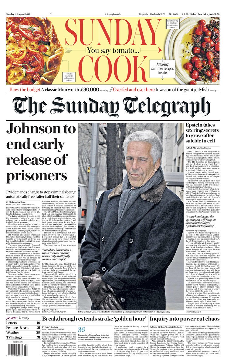 Jeffrey Epstein on page 1 of The Sunday Telegraph newspaper. Credit: Gregory P. Mango / <a href="/PolarisImages/">Polaris Images</a> Polaris / <a href="/eyevine/">eyevine</a>