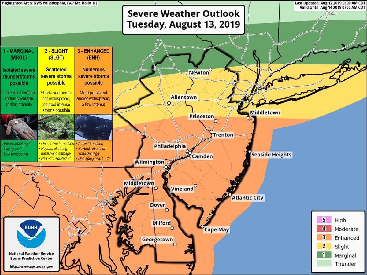 ⚠️⛈️ <a href="/NWSSPC/">NWS Storm Prediction Center</a> has upgraded portions of our area to an Enhanced Risk (3 out of 5) of severe weather for Tuesday. Severe thunderstorms are expected to develop by the afternoon and into the evening hours. #PAwx #NJwx #DEwx #MDwx