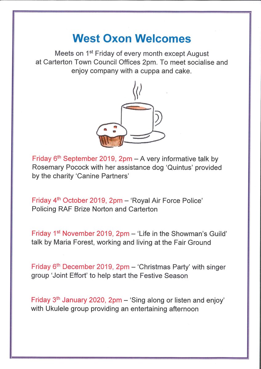 CartertonC's tweet photo. West Oxon Welcomes - Events September 2019 to January 2020. https://t.co/2TEgeMf0Q0