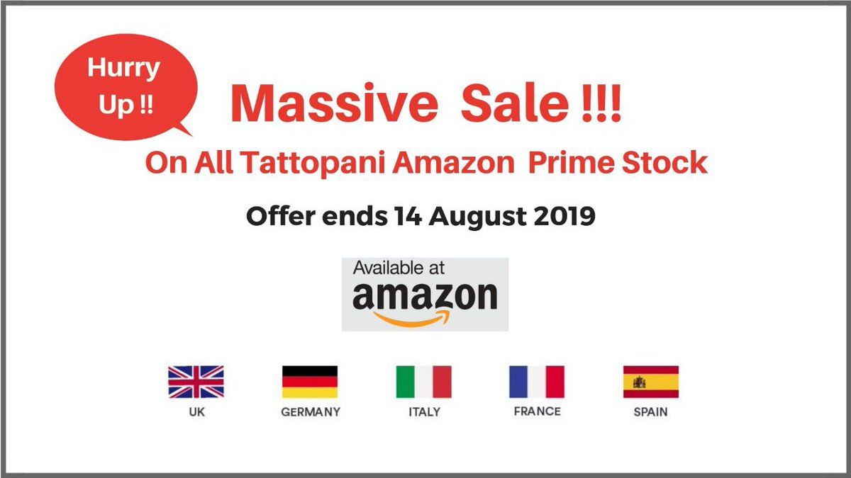 TattoPani's tweet photo. Massive Stock Clearance for all Tattopani Amazon Prime Stock. Valid Until 14th August, 2019!! Shop Now 
Amazon UK - https://t.co/6HuICw91cD
Amazon De- https://t.co/gVEEANVq3o
Amazon Es- https://t.co/FERU2ipyCf
Amazon Fr- https://t.co/PbT9TpCk00
Amazon It- https://t.co/GewCs1st0g https://t.co/y53KMv4iVv