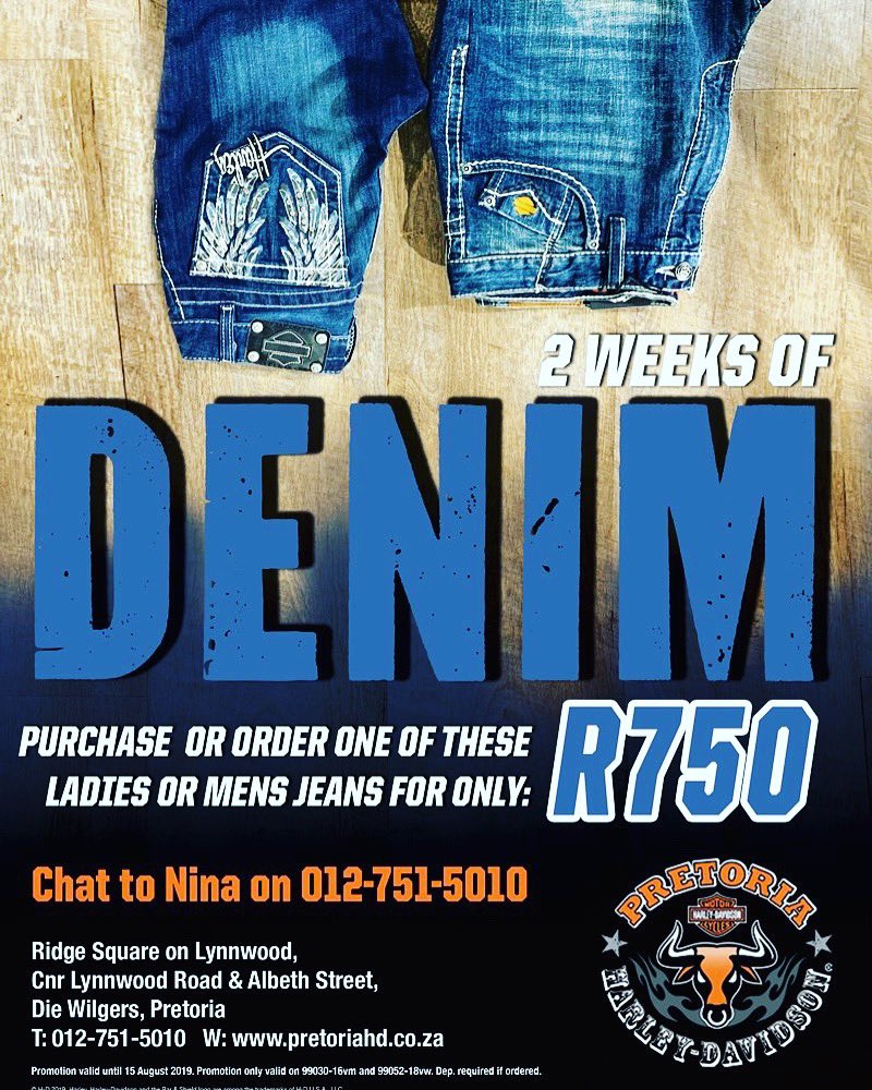 3 DAYS LEFT to grab yourself a pair of jeans on the Denim Promotion for only R750.00 from Pretoria Harley-Davidson. Chat to Nina on 012-751-5010 for more info.

#harleydavidson #harley #hd #denim #jeans #pretoriaharley