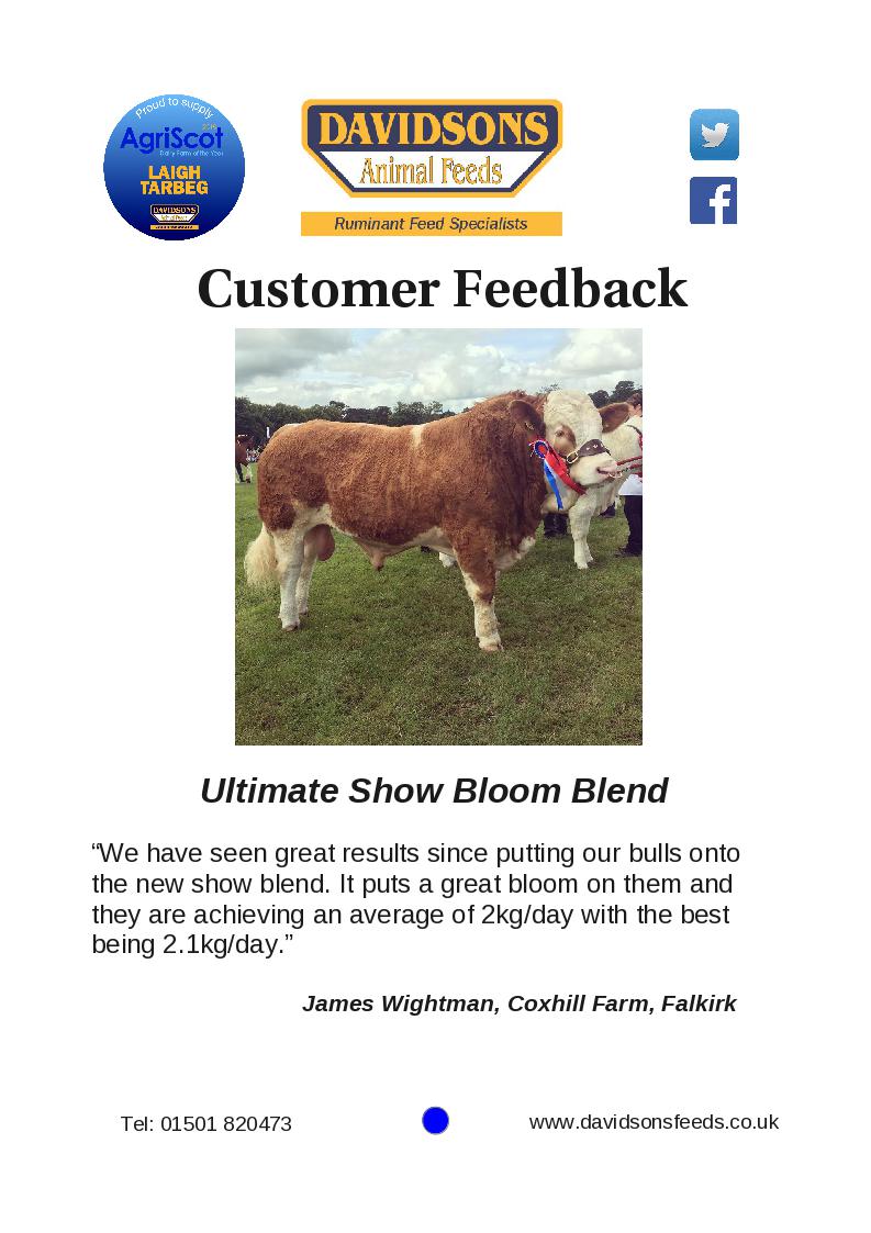 davidsonsfeeds's tweet photo. We have received some great feedback from our customer James Wightman who has been using our new Ultimate Show Bloom Blend for his pedigree bulls! #topnutrition #weightgains #customerfeedback https://t.co/HM4xcvh9PT