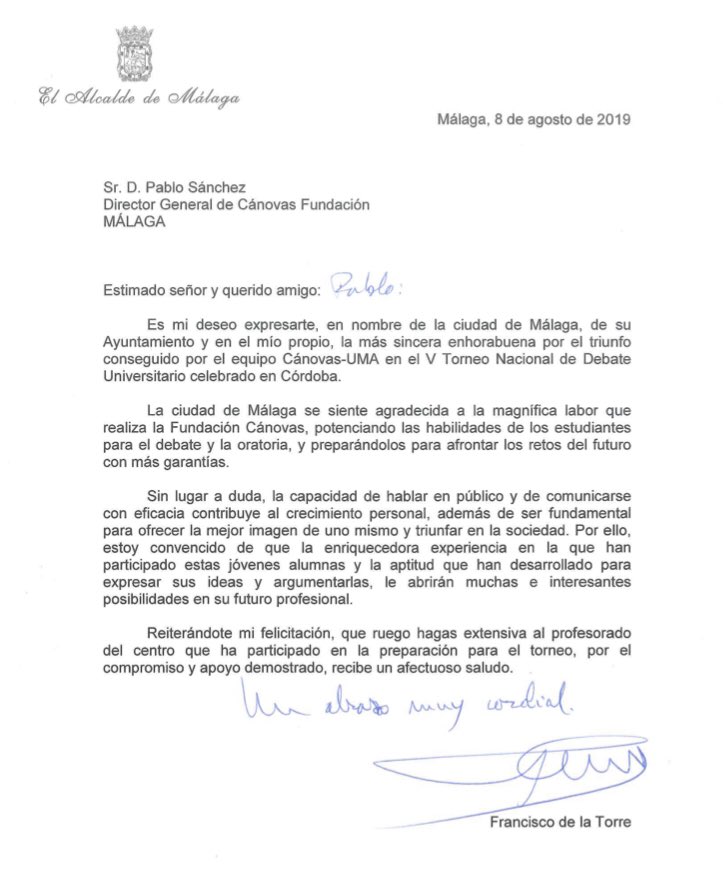 Muchas gracias a nuestro Alcalde <a href="/pacodelatorrep/">Paco de la Torre</a> por su incondicional apoyo a todo el equipo de Cánovas Fundación y, en definitiva, a este proyecto abierto y plural que busca sacar lo mejor de cada uno. <a href="/malaga/">Ciudad de Málaga</a>