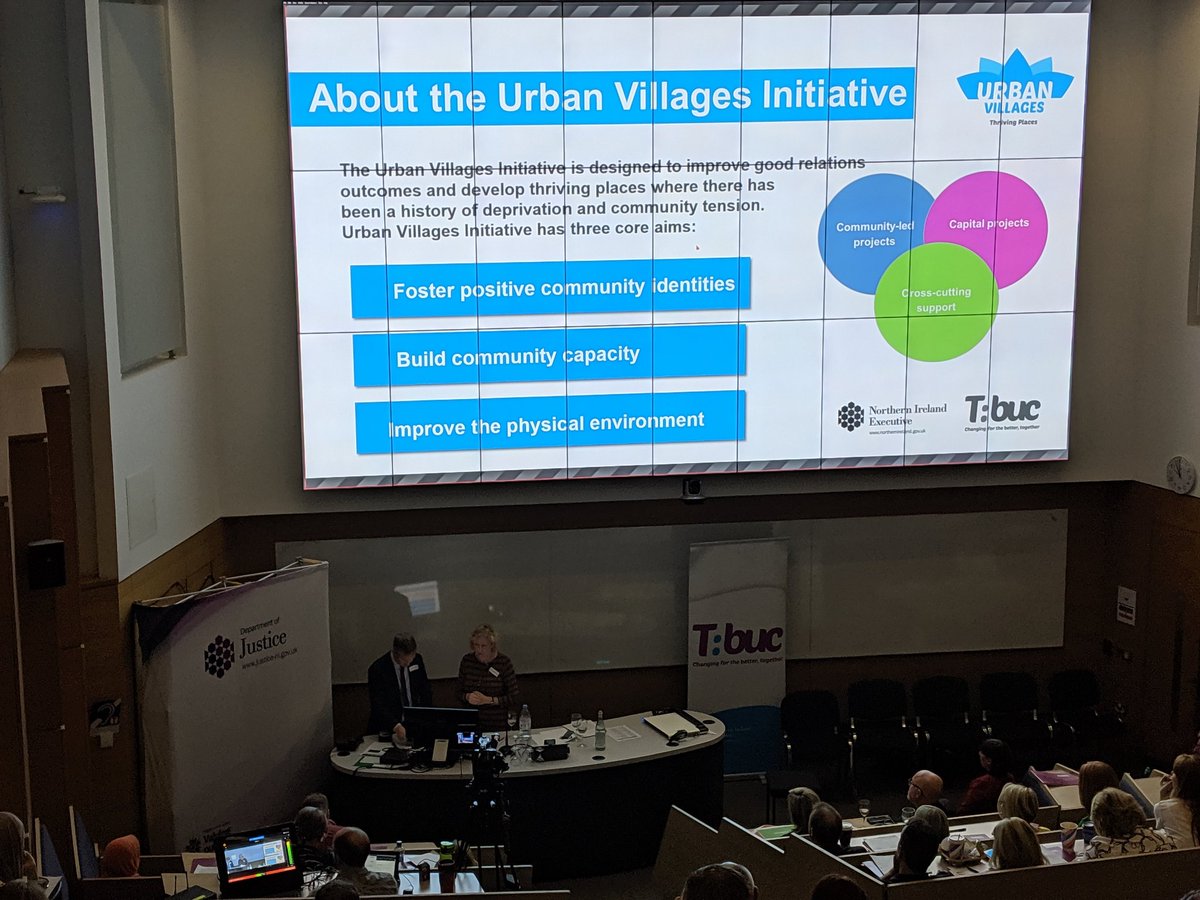 UrbanVillagesNI's tweet photo. Siobhan Broderick and Andy Cole from The Executive Office presenting at the Interface to Place conference @QUBelfast - Remaking divisive lines into shared spaces @PlanQUB #interfacetoplace https://t.co/9wI8JUBQB1