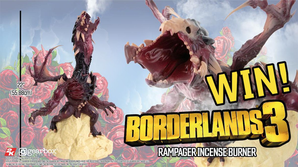 GIVEAWAY TIME! ⚙️

RT + FOLLOW for a chance to win an official #Borderlands 3 Rampager incense burner!

Open worldwide, winner chosen at random September 25.
T&amp;Cs: bit.ly/2XkAfgX
Check out the full official merch range: bit.ly/2KJMWyt ⚙️