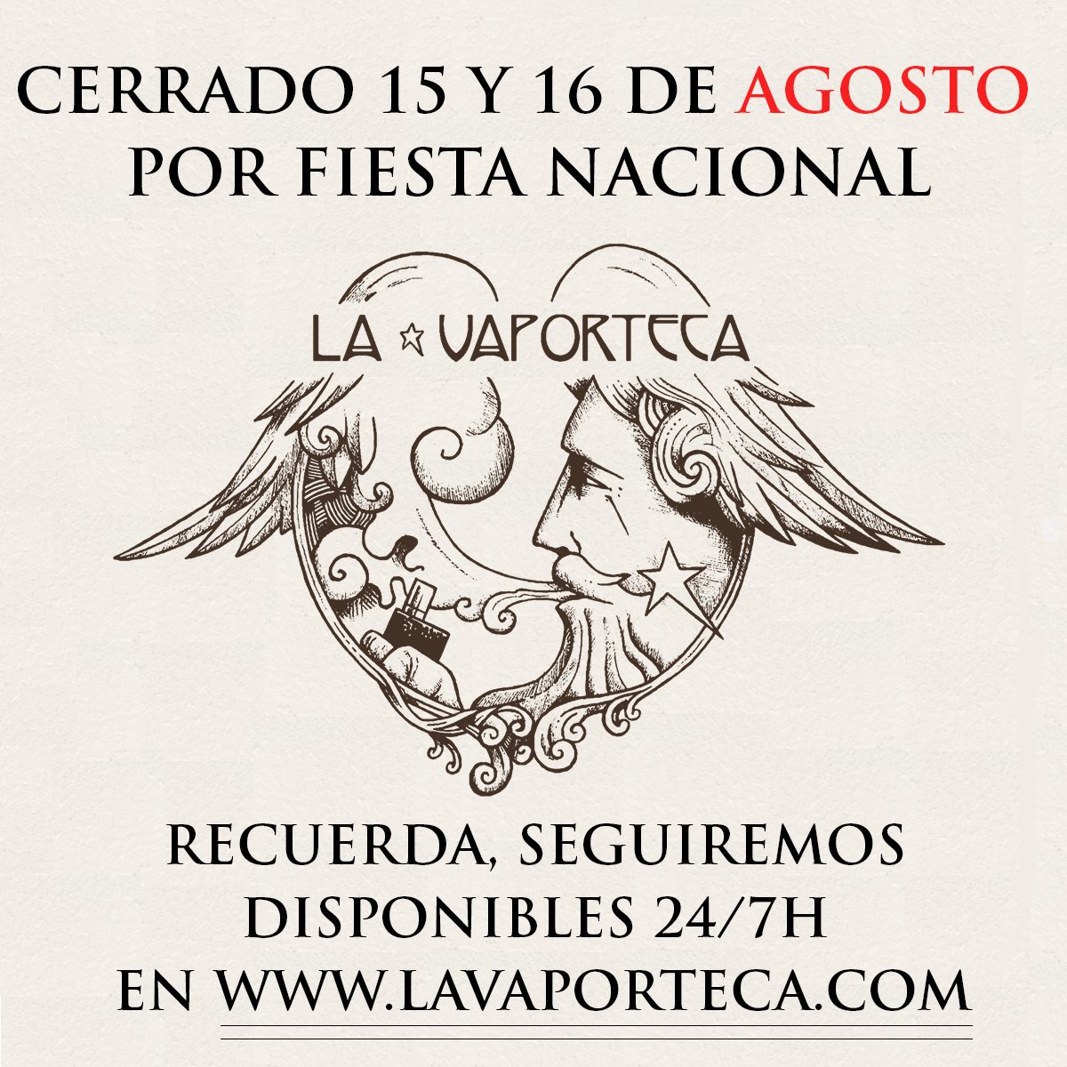 LaVaportecaCOM's tweet photo. Los próximos Jueves 15 y Viernes 16 de agosto 📅 , La Vaporteca permanecerá cerrado por Fiesta Nacional ☀️. Como siempre, estaremos disponibles desde nuestra tienda online 24/7 , 🛒 https://t.co/gxmAZVXic5

#vapeo #vaper #vapers #vapespain #vacaciones #fresquito #descuentos https://t.co/UZGR2fT0Me