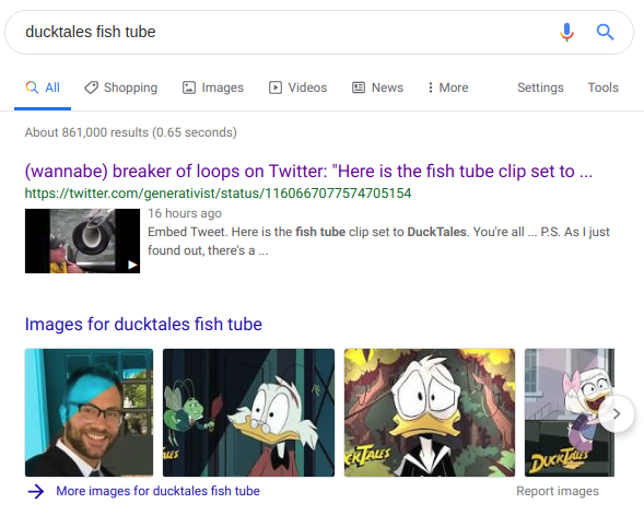 Google results for "ducktales fish tube" showing a picture of me and scrooge.