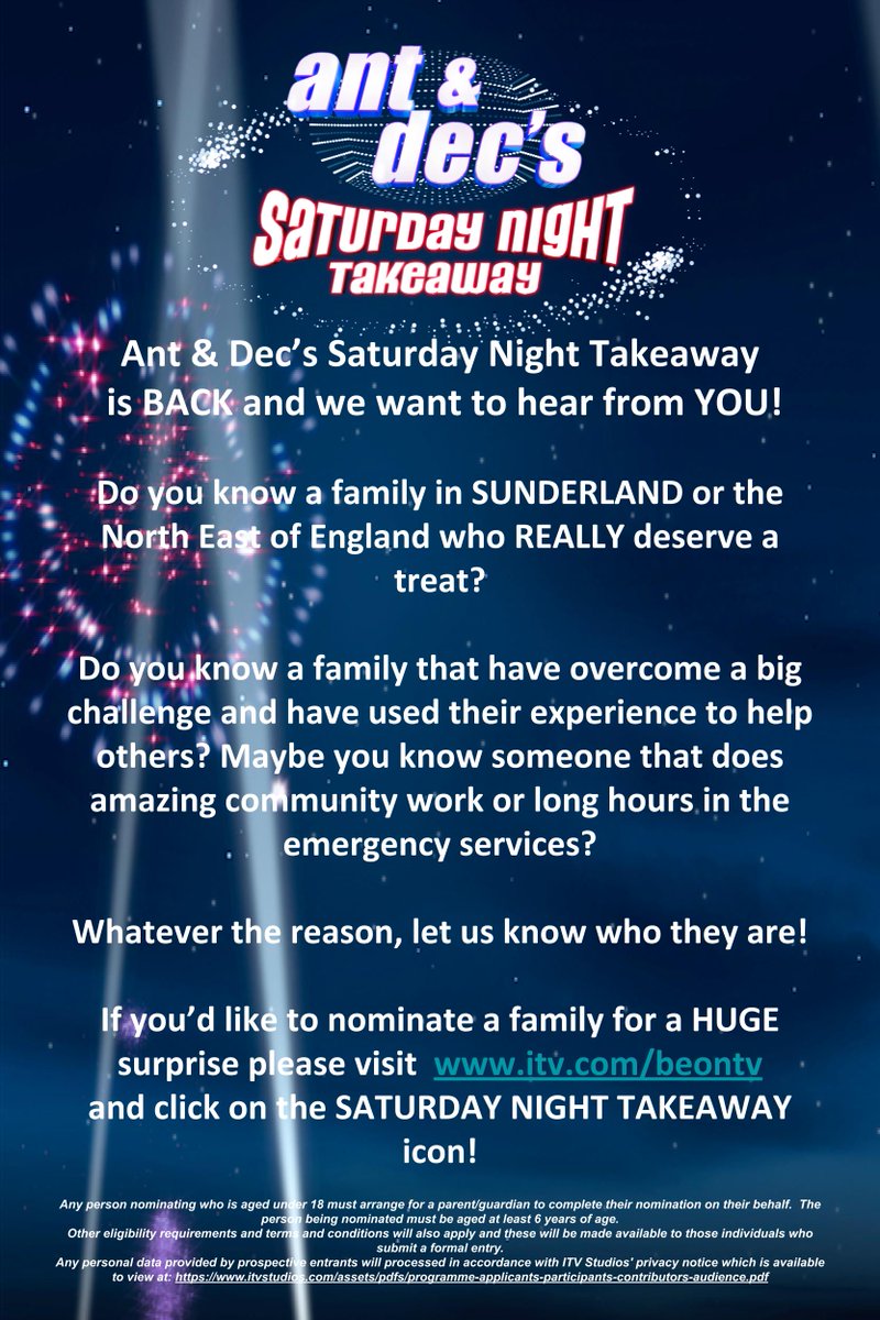 CastingLauren's tweet photo. @YAV_Sunderland PLS RT: Ant and Dec are looking to give a HUGE surprise to a deserving family based in Sunderland and the surrounding areas. To nominate someone please visit: https://t.co/paFlRnOe6D https://t.co/SPBcc3ewWe