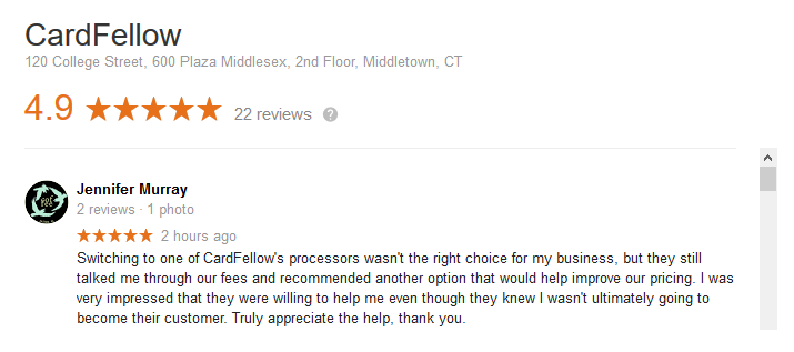 CardFellow's tweet image. Check out our Google review from a happy non-customer. 
Why not try it yourself? Sign up for free at CardFellow. If we can save you money on your processing fees, great! If we can't, we'll still help you figure out the best fit. What do you have to lose?
cardfellow.com/sign-up