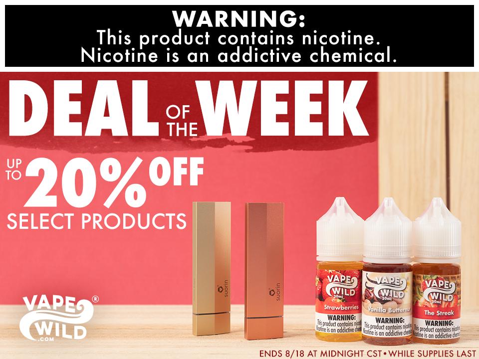 VapeWild's tweet photo. Jump on this deal of the week and score a pod mod that packs flavor with major punch! And who couldn't use some e-liquid? All for up to 20% off this week! 

https://t.co/wUR35iUiv7
#dealoftheweek #vapewild #vapelyfe #vapesavings #seriousaboutvaping #notmuchelse https://t.co/EzSyoLYvH7
