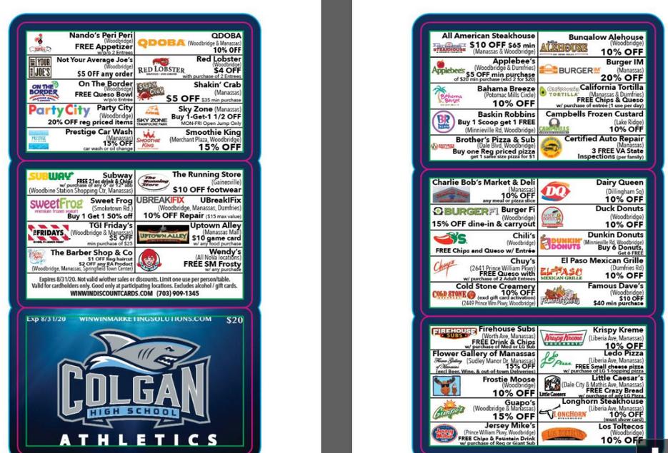FALL SPORTS FUNDRAISER!
Coaches will hand out the Colgan Discount Cards this week to all fall sports athletes. Sell, sell, sell!!