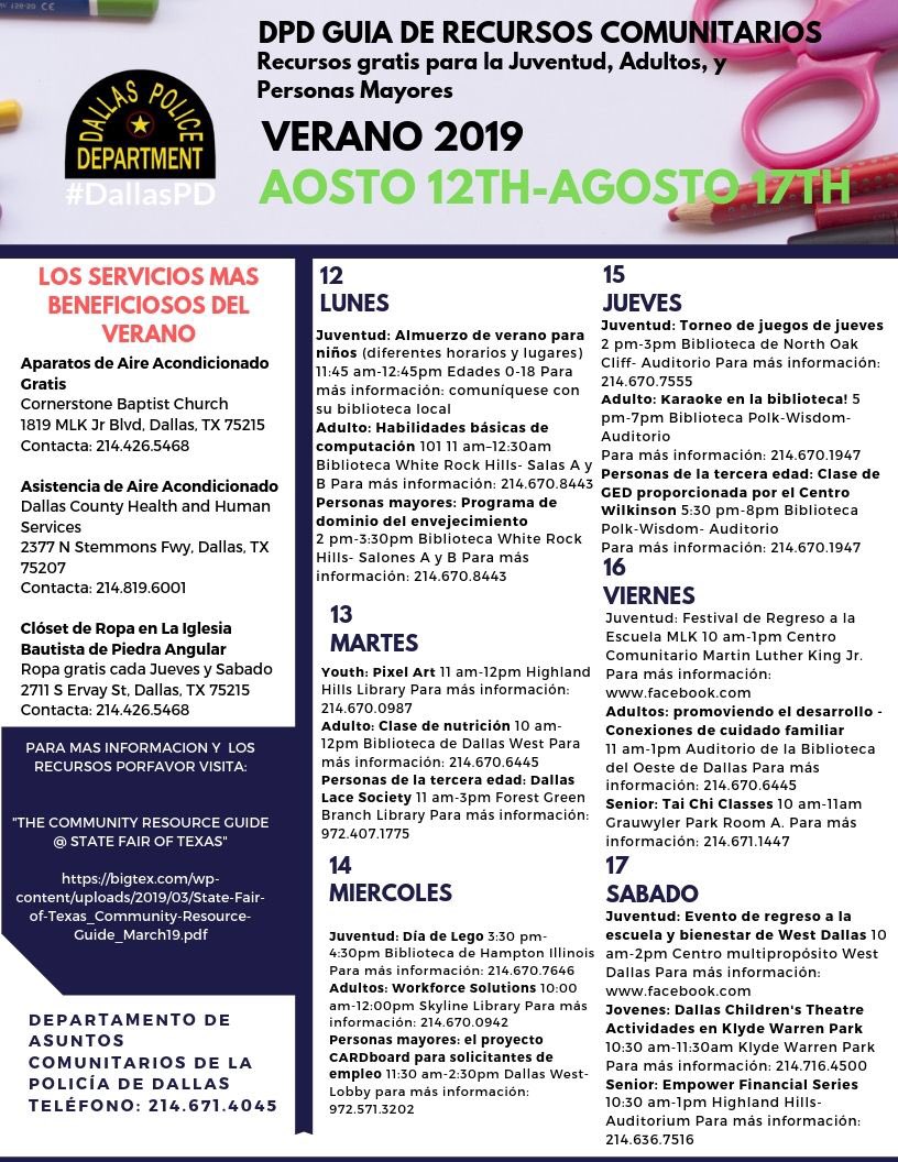 DPDCA's tweet photo. Good morning #Dallas,
The official 2019-2020 school year is here but there is still time to enjoy these last few days with some family fun. Checkout this weeks #communityresourceguide, where you can take advantage of family fun and entertaining events for all ages. @JoliDPD @FOX4 https://t.co/KWWO104QJT