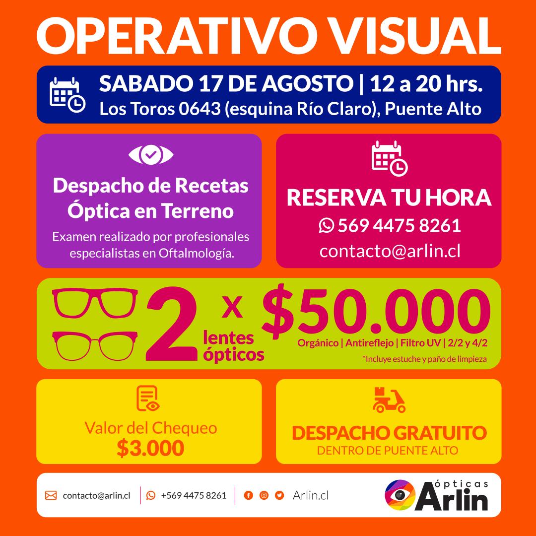 OpticasArlin's tweet photo. 👁#OperativoVisual en #PuenteAlto.
El chequeo será en Los Toros 0643, Villa Las Cumbres II, de 12.00 a 20.00 hrs.
Tu receta tiene un valor de $3.000 además de promociones especiales en armazones y cristales.
🔗https://t.co/dtobgsUkFa
#OperativoOftalmológico #ChequeoVisual https://t.co/9X5KOWRq3P