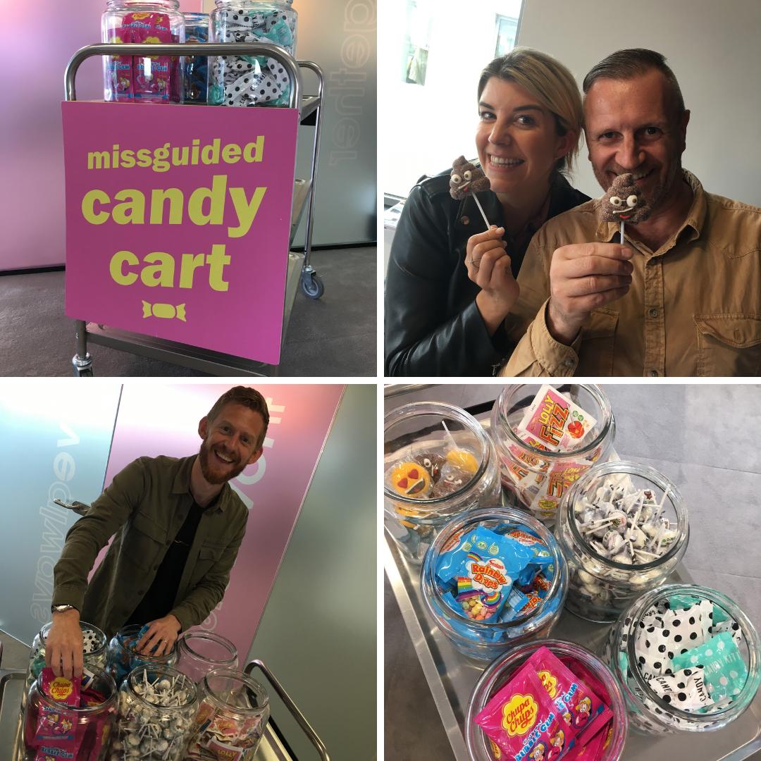 MissguidedHQ's tweet photo. The Missguided Candy Cart is making its way around MGHQ this afternoon, surprising and delighting colleagues with sweet treats and a sprinkle of Monday motivation!

#missguidedvibes #mondaymotivation https://t.co/Y8RrFwjKOL